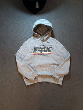 Fox Racing Hoodie Mens L Grey Retro Logo Pullover Moto Streetwear Sweater Y2K